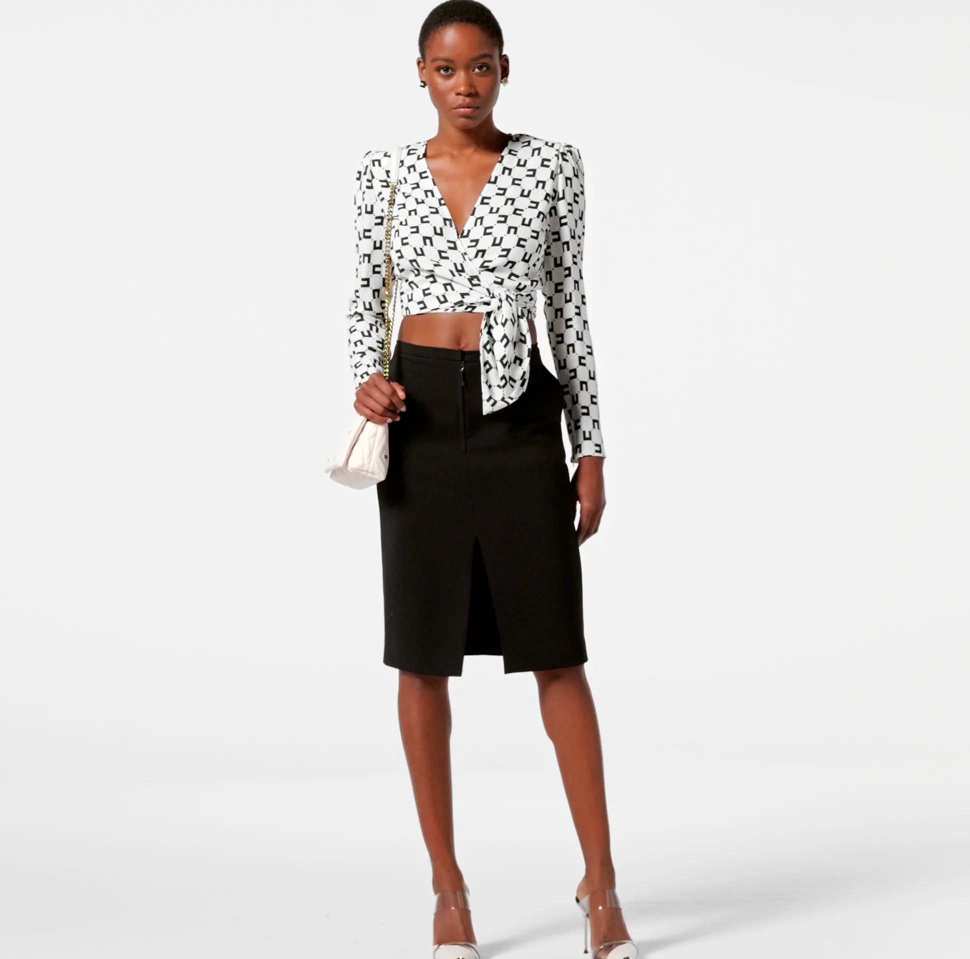 Elisabetta Franchi Camicie E Bluse^Camicia Cropped In Georgette Di Viscosa Stampa Logo Con Nodo