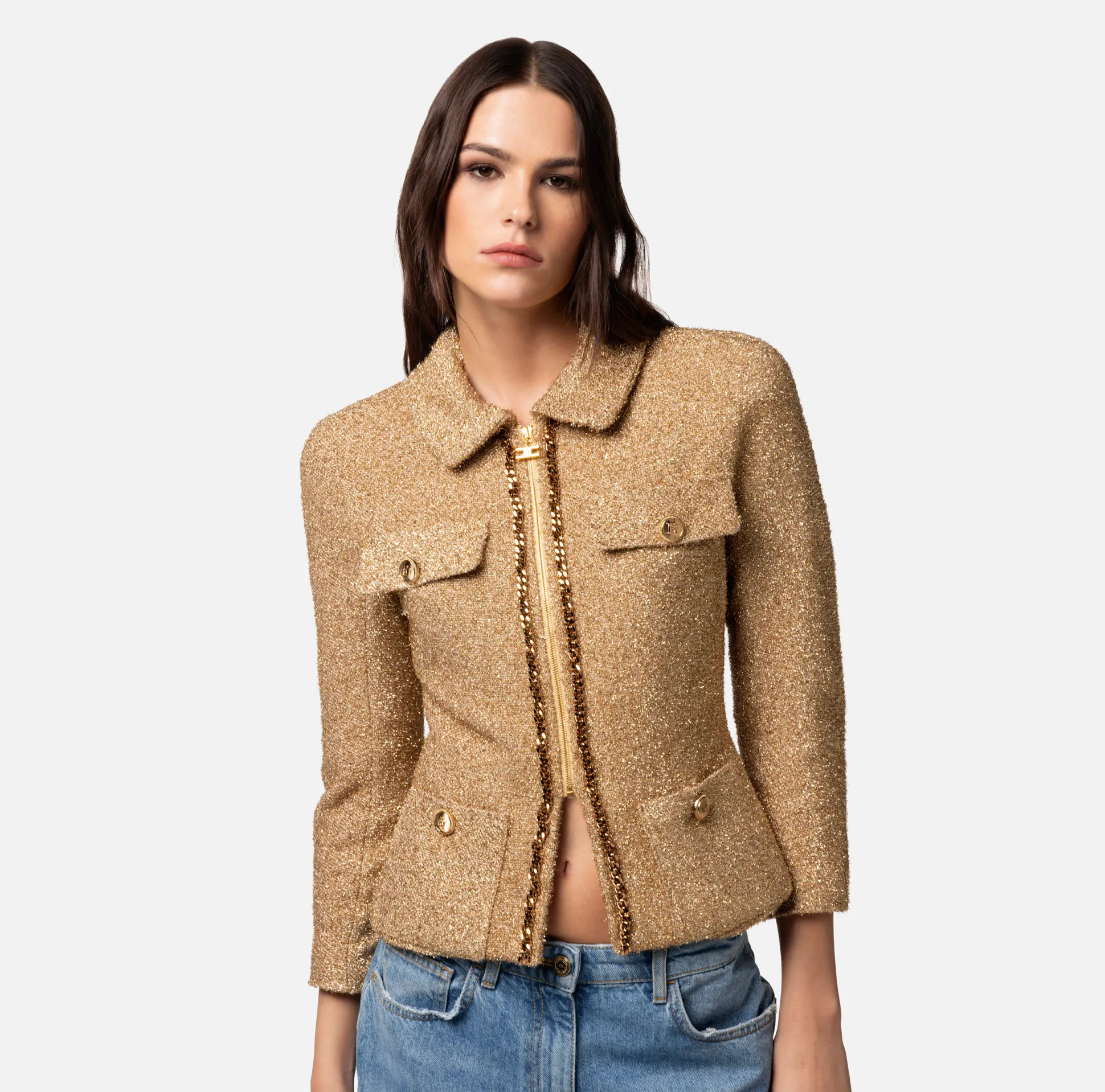 Elisabetta Franchi Giacche & Trench^Giacca Cropped In Tweed Lurex Con Catena
