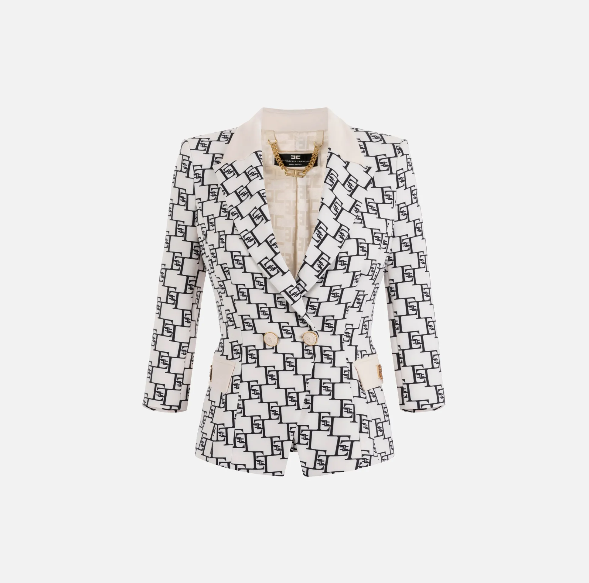 Elisabetta Franchi Giacche & Trench^Giacca Doppiopetto In Crepe Stampa Logo E Placca
