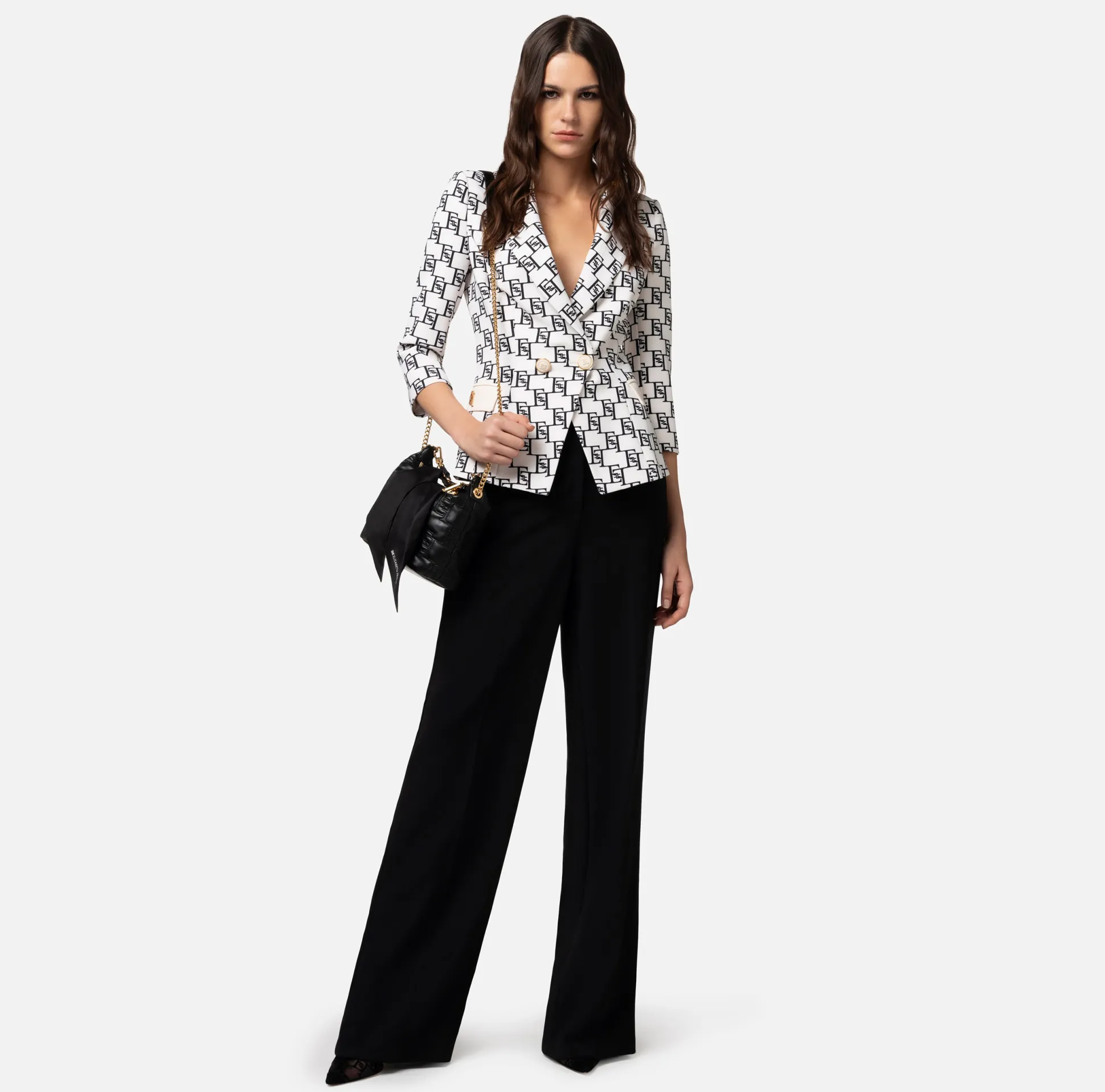 Elisabetta Franchi Giacche & Trench^Giacca Doppiopetto In Crepe Stampa Logo E Placca