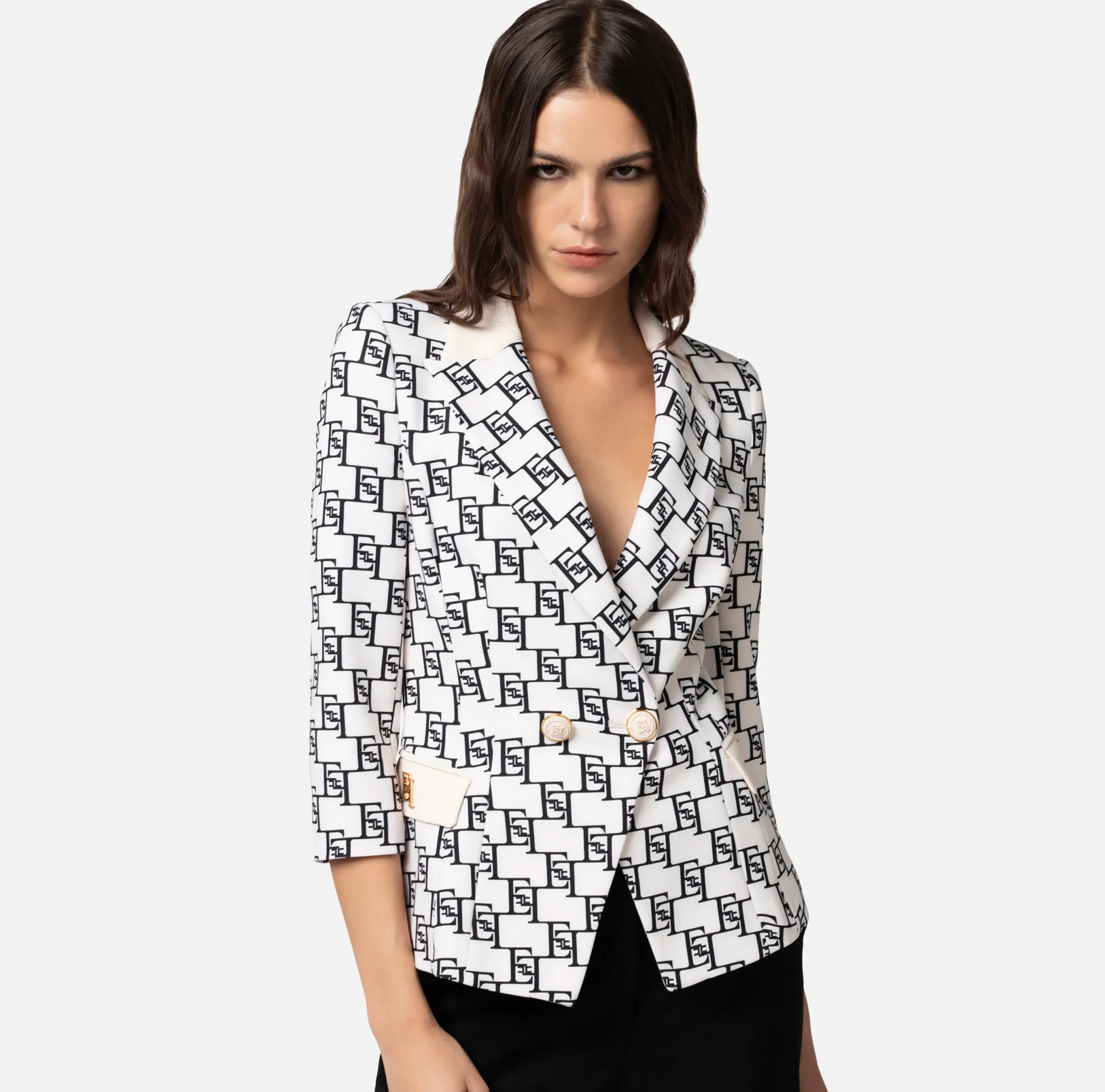 Elisabetta Franchi Giacche & Trench^Giacca Doppiopetto In Crepe Stampa Logo E Placca