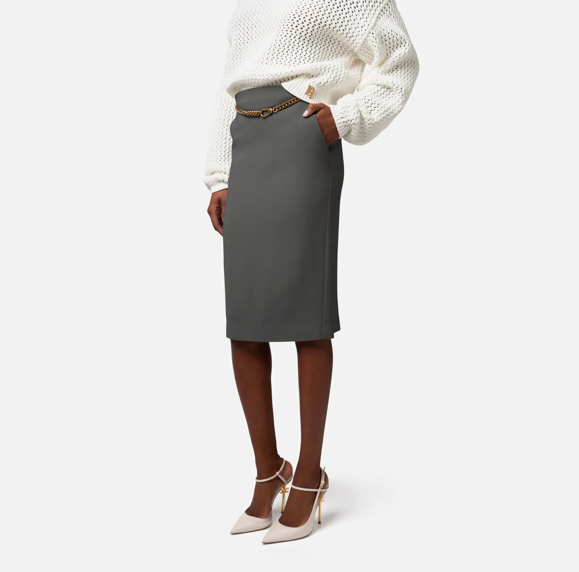 Elisabetta Franchi Gonne^Gonna Midi In Gabardina Di Viscosa Con Cintura