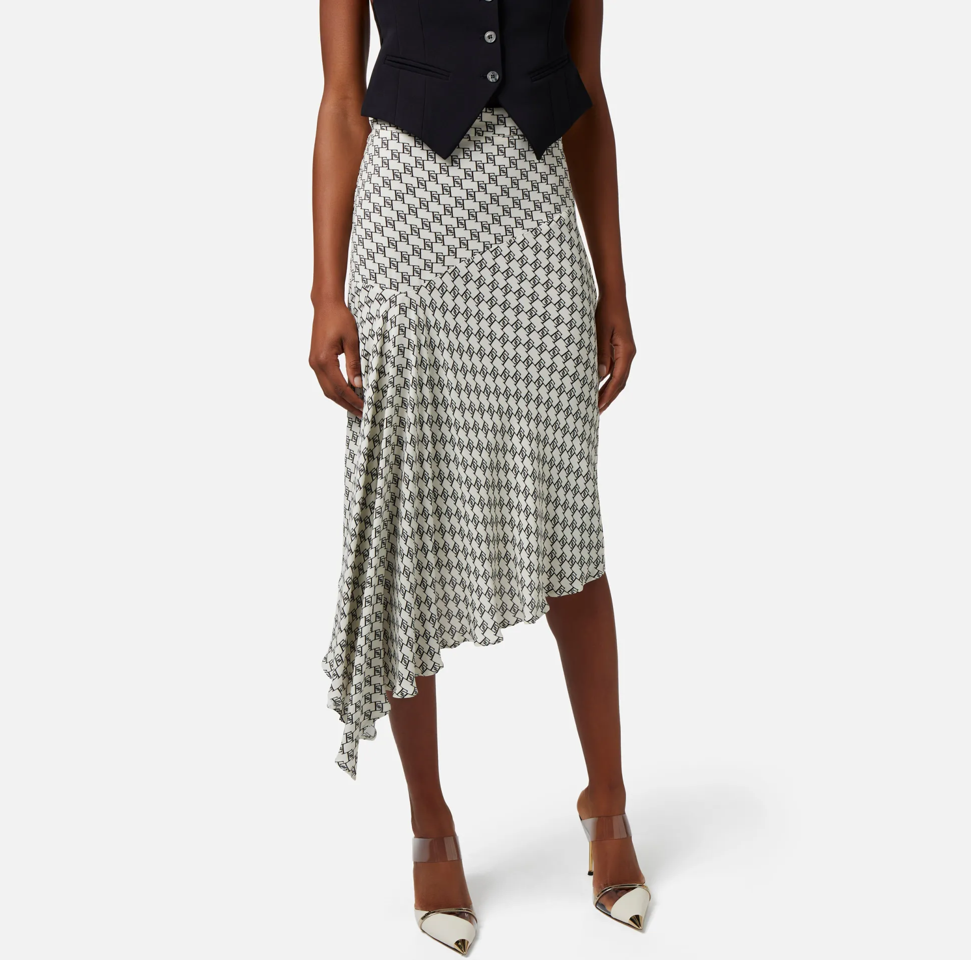Elisabetta Franchi Gonne^Gonna Midi In Georgette Stampa Logo Asimmetrica
