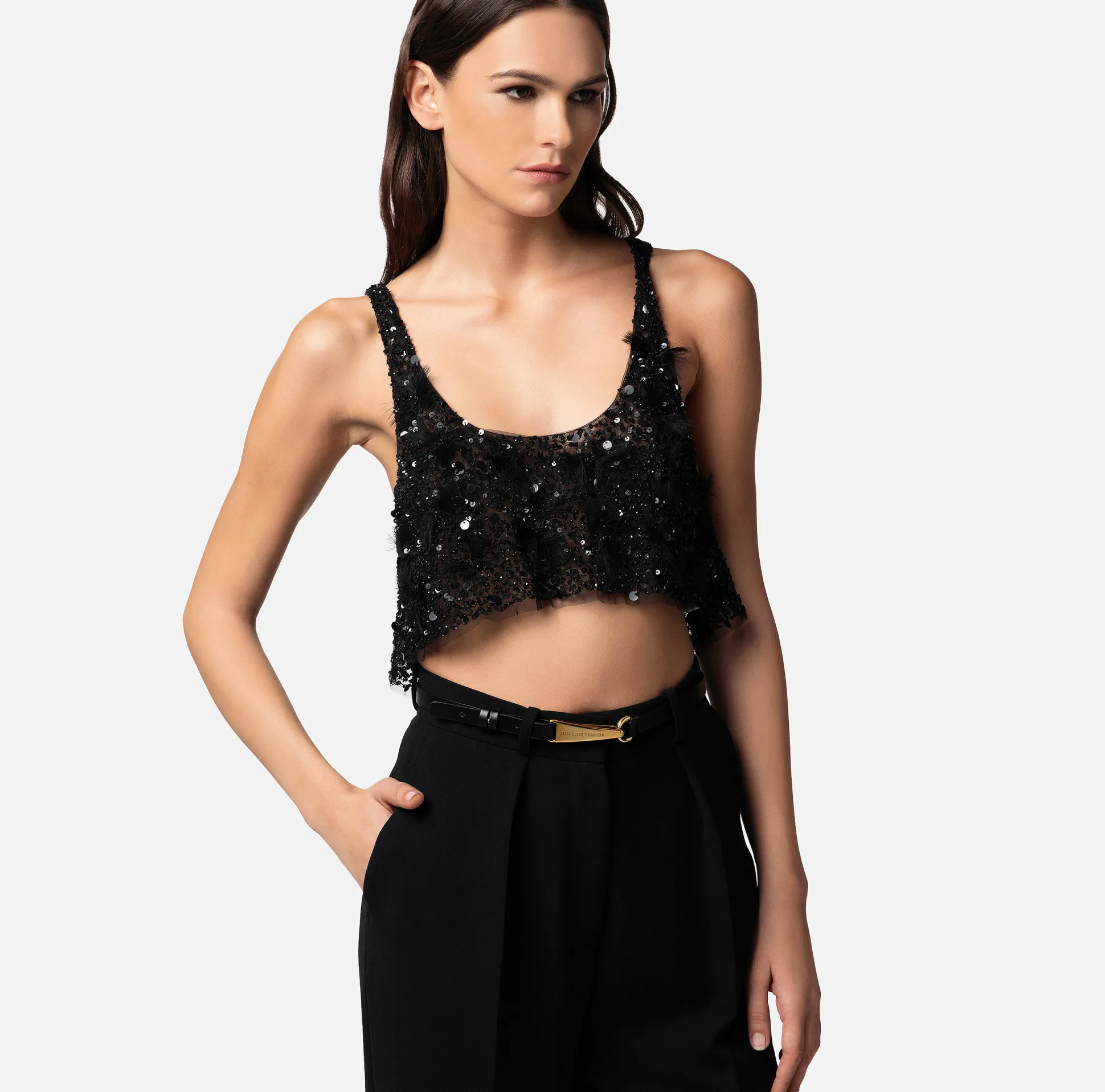 Elisabetta Franchi Top, T-Shirt & Body^Top Cropped In Tulle Ricamato