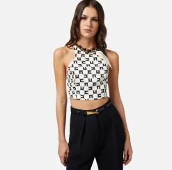 Elisabetta Franchi Top, T-Shirt & Body^Top In Crepe Stretch Stampa Logo Con Catena Foulard